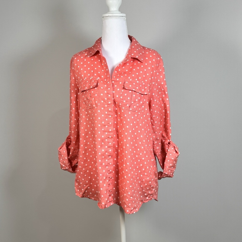 Charter Club Luxury Linen Shirt Womens M Coral Polka Dot Tab Sleeve Button Up - Picture 2 of 10